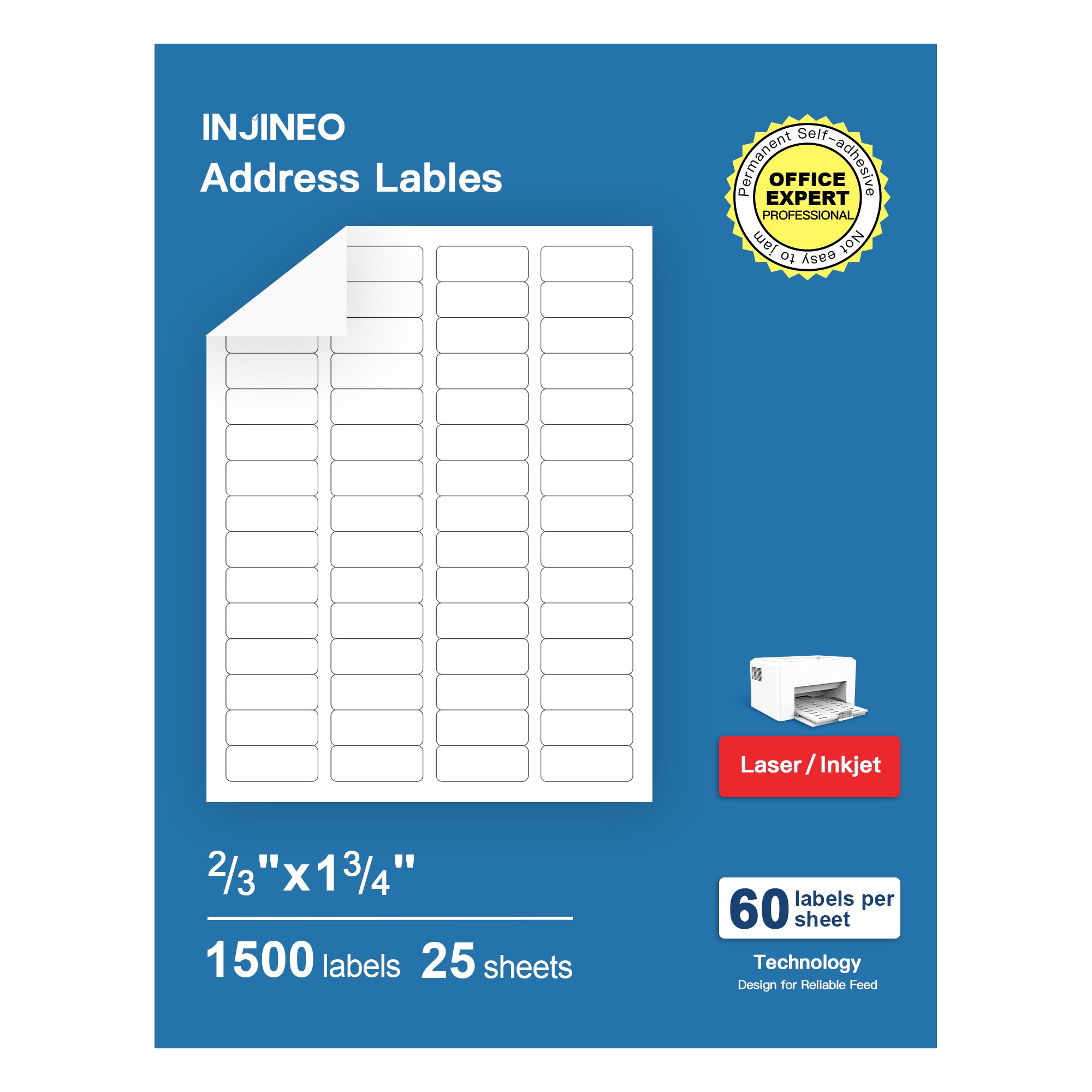 INJINEO Address Labels, 2/3" x13/4"(1500 Labels, 25 Sheets) Labelnize