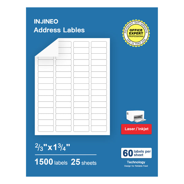 INJINEO Address Labels, 2/3" x1-3/4"(1500 Labels, 25 Sheets)