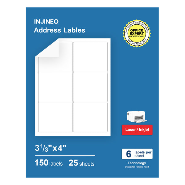 INJINEO Address Labels, 3-1/3"x4"(150 Labels, 25 Sheets)