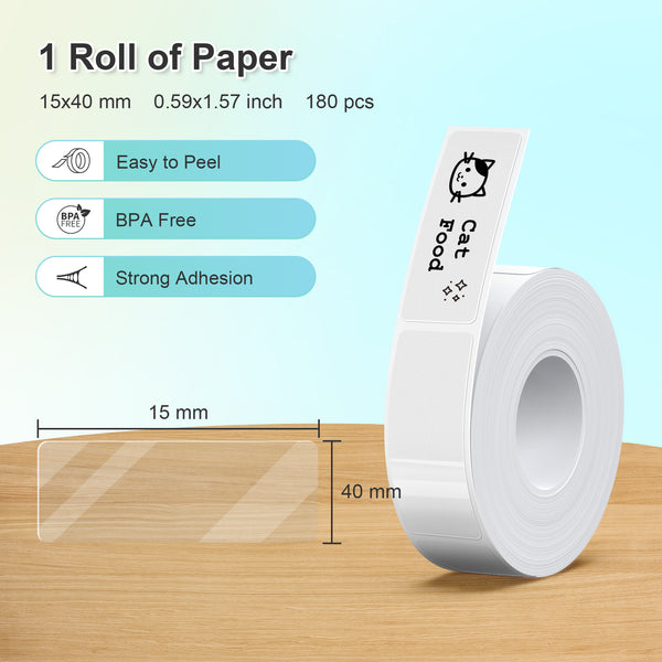 P21 Label Maker Tape,15x40mm (0.59"x1.57"),180 Labels/Roll,Transparent